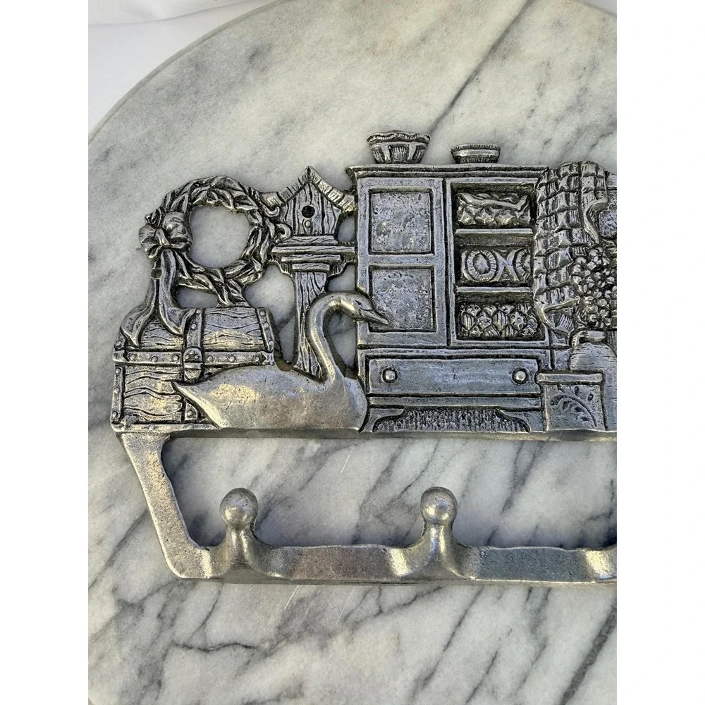 Vintage Pewter Finish Metal Key Rack - Country Cottagecore Swan Wall Hooks